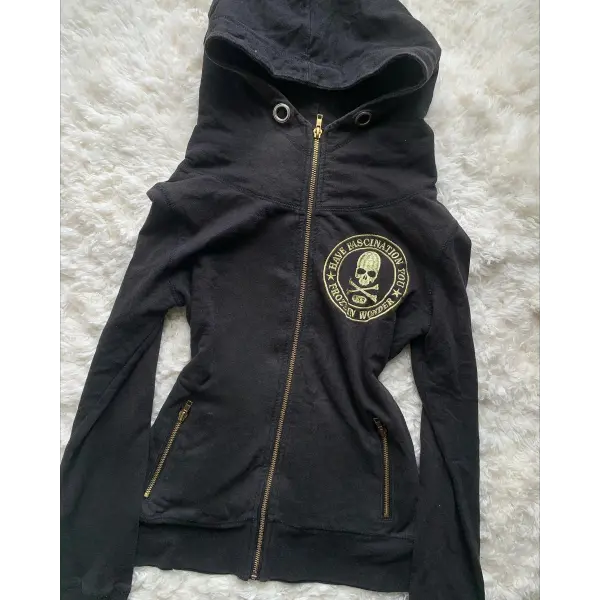 Women’s Y2K Skull Embroidered Zip Hoodie – Harajuku Gothic Slim Fit Graphic Hooded Jacket