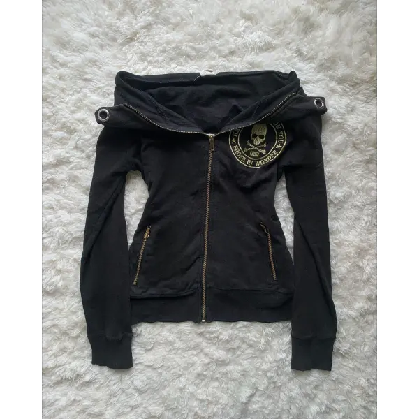 Women’s Y2K Skull Embroidered Zip Hoodie – Harajuku Gothic Slim Fit Graphic Hooded Jacket - 1 / XL