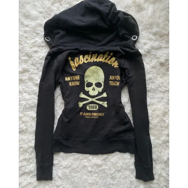 Women’s Y2K Skull Embroidered Zip Hoodie – Harajuku Gothic Slim Fit Graphic Hooded Jacket