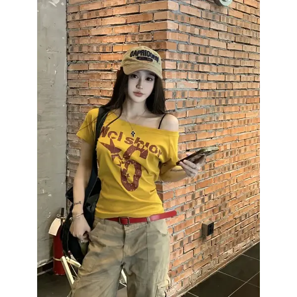 Y2K Sporty Off-Shoulder Crop Top - Sexy Vintage 2000s Short Sleeve Tee & Casual Body Top