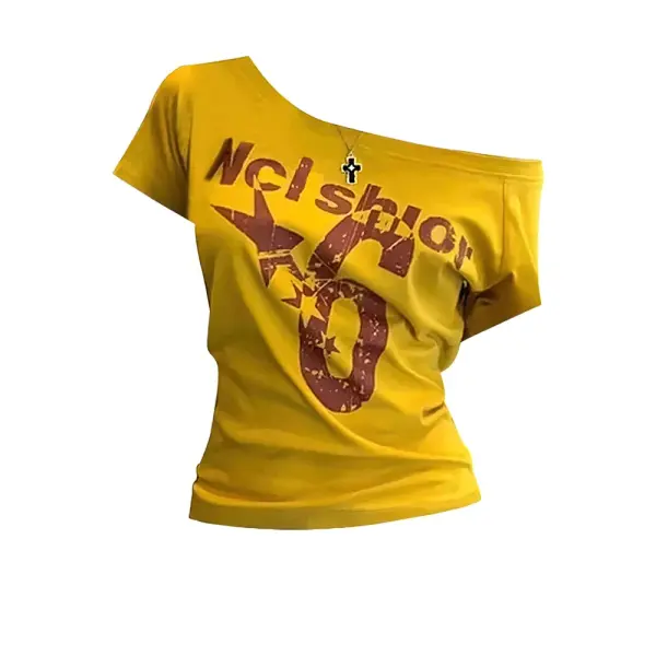 Y2K Sporty Off-Shoulder Crop Top - Sexy Vintage 2000s Short Sleeve Tee & Casual Body Top - Yellow / S