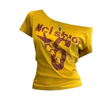 Y2K Sporty Off-Shoulder Crop Top - Sexy Vintage 2000s Short Sleeve Tee & Casual Body Top - Yellow / S