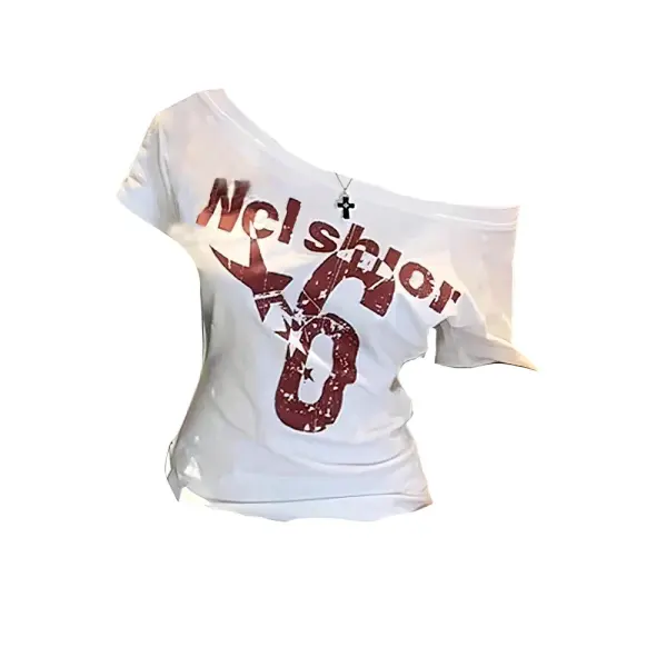Y2K Sporty Off-Shoulder Crop Top - Sexy Vintage 2000s Short Sleeve Tee & Casual Body Top - WHITE / S