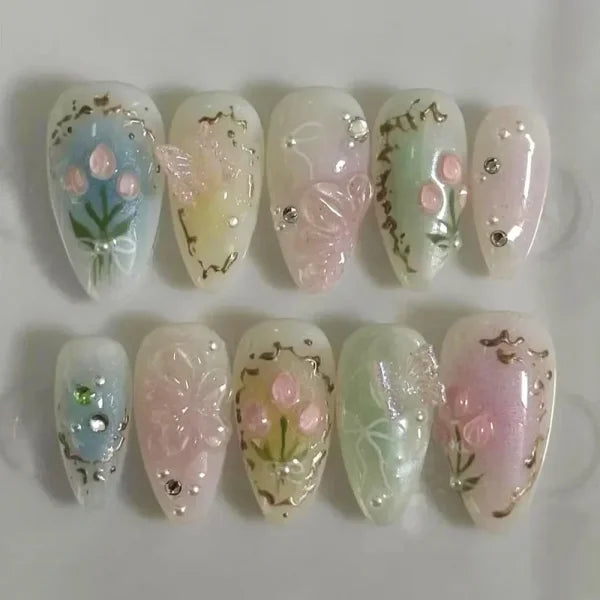 Y2K Stiletto Almond False Nails with Adhesive 24pcs - Himpall