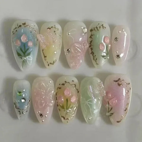 Y2K Stiletto Almond False Nails with Adhesive 24pcs - Himpall