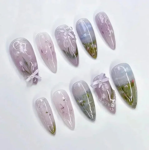 Y2K Stiletto Almond False Nails with Adhesive 24pcs - Himpall