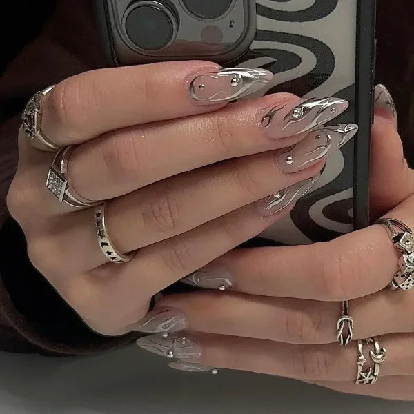 Y2K Stiletto Almond False Nails with Adhesive 24pcs - Himpall