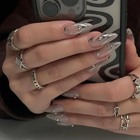 Y2K Stiletto Almond False Nails with Adhesive 24pcs - Himpall
