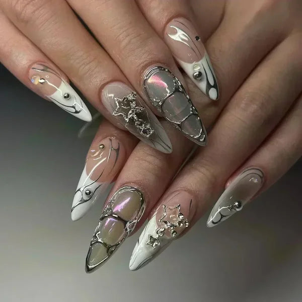 Y2K Stiletto Almond False Nails with Adhesive 24pcs - Himpall