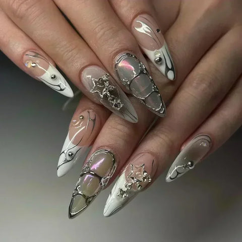 Y2K Stiletto Almond False Nails with Adhesive 24pcs - Himpall
