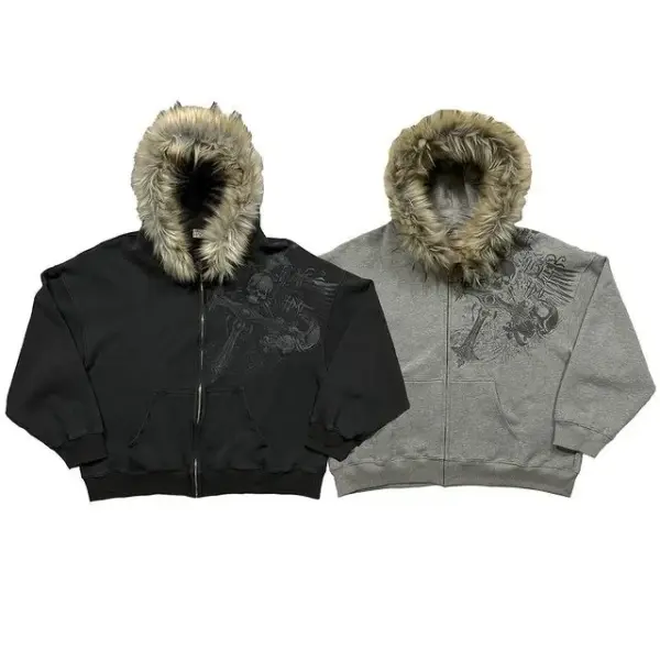 Men’s Y2K Vintage Skull Zip Hoodie – Winter Streetwear Loose Fur Collar Warm Cardigan