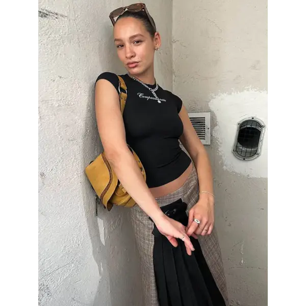 Y2k Streetwear Crop Tops Letter Print Black Tees Short Sleeve Graphics T Shirt Womens 2023