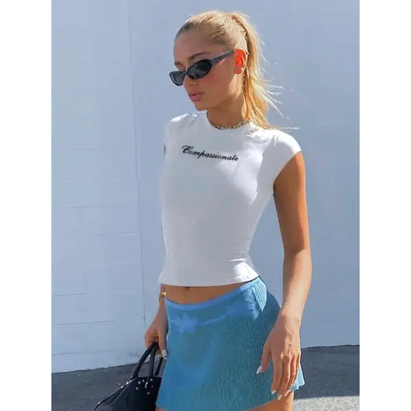 Y2k Streetwear Crop Tops Letter Print Black Tees Short Sleeve Graphics T Shirt Womens 2023 - WHITE / L