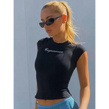 Y2k Streetwear Crop Tops Letter Print Black Tees Short Sleeve Graphics T Shirt Womens 2023