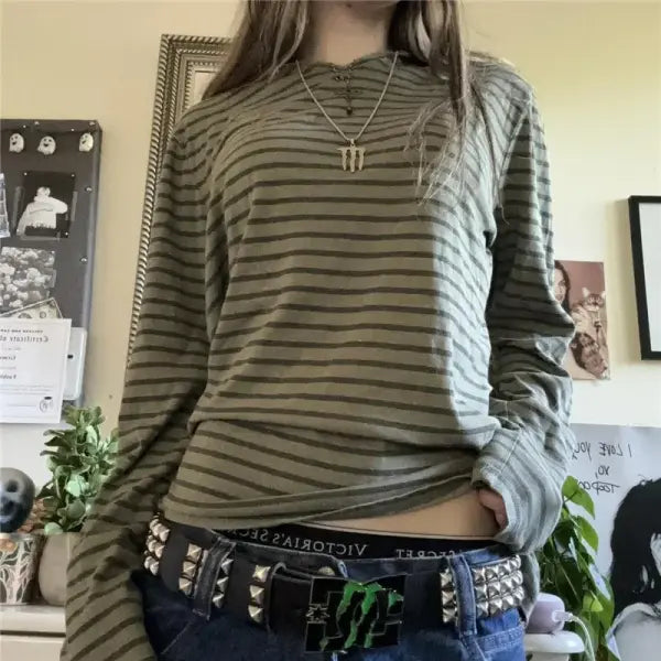 Y2k teen striped slight stretch fabric junior t-shirt - green / L