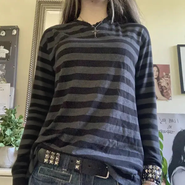 Y2k teen striped slight stretch fabric junior t-shirt - A / L