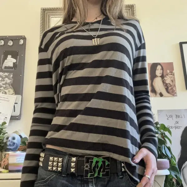 Y2k teen striped slight stretch fabric junior t-shirt - B / L