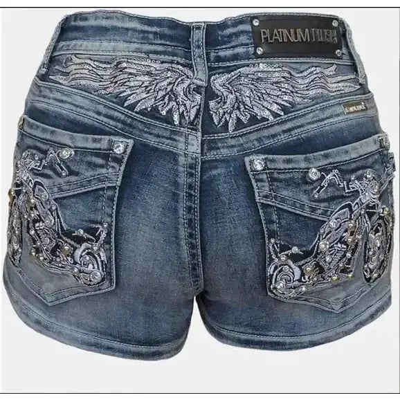 Y2K Wing Rivet Denim Shorts Low Waist Gothic Sexy Mini Skirt - 1 / M