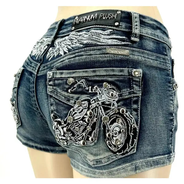 Y2K Wing Rivet Denim Shorts Low Waist Gothic Sexy Mini Skirt