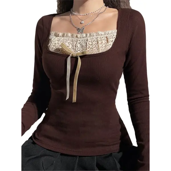 Y2k Women Long Sleeve Knitted Tops O Neck Regular Fit Tee