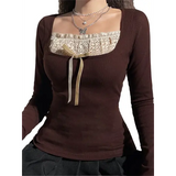 Y2k Women Long Sleeve Knitted Tops O Neck Regular Fit Tee