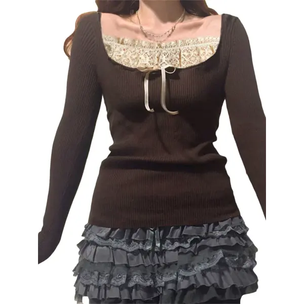 Y2k Women Long Sleeve Knitted Tops O Neck Regular Fit Tee
