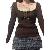 Y2k Women Long Sleeve Knitted Tops O Neck Regular Fit Tee