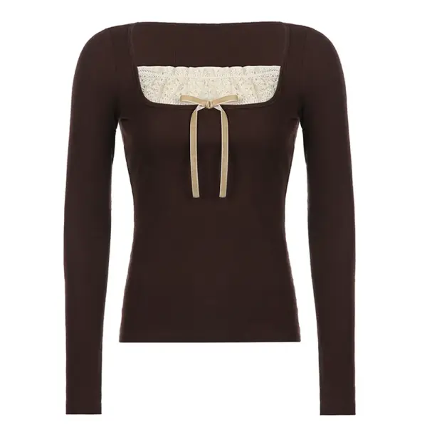 Y2k Women Long Sleeve Knitted Tops O Neck Regular Fit Tee