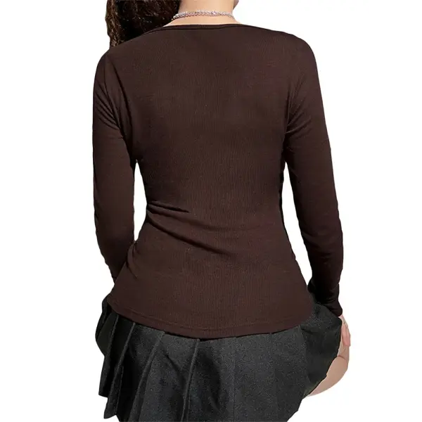 Y2k Women Long Sleeve Knitted Tops O Neck Regular Fit Tee