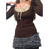 Y2k Women Long Sleeve Knitted Tops O Neck Regular Fit Tee