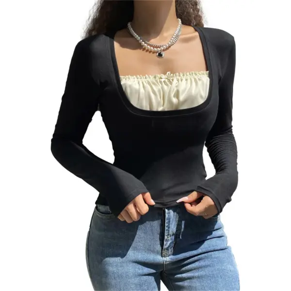 Y2k Women Long Sleeve Knitted Tops O Neck Regular Fit Tee - Black / L