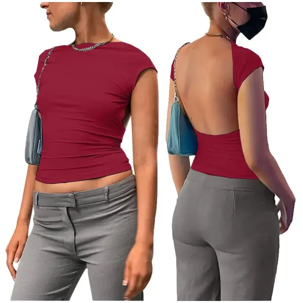 Y2K Womens Sexy O-Neck short Sleeve Bodycon T Shirt Fashion Casual Solid Streetwear T Shirt 2023 Club party Backless T