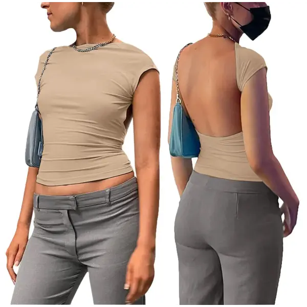 Y2K Womens Sexy O-Neck short Sleeve Bodycon T Shirt Fashion Casual Solid Streetwear T Shirt 2023 Club party Backless T