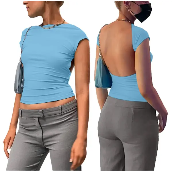 Y2K Womens Sexy O-Neck short Sleeve Bodycon T Shirt Fashion Casual Solid Streetwear T Shirt 2023 Club party Backless T