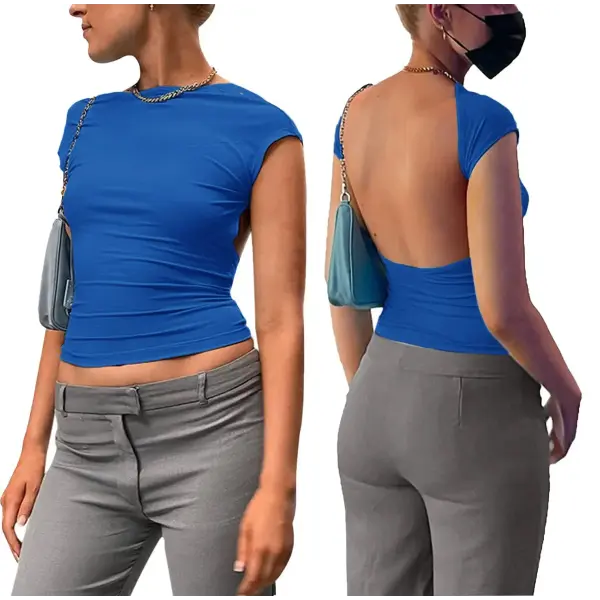 Y2K Womens Sexy O-Neck short Sleeve Bodycon T Shirt Fashion Casual Solid Streetwear T Shirt 2023 Club party Backless T