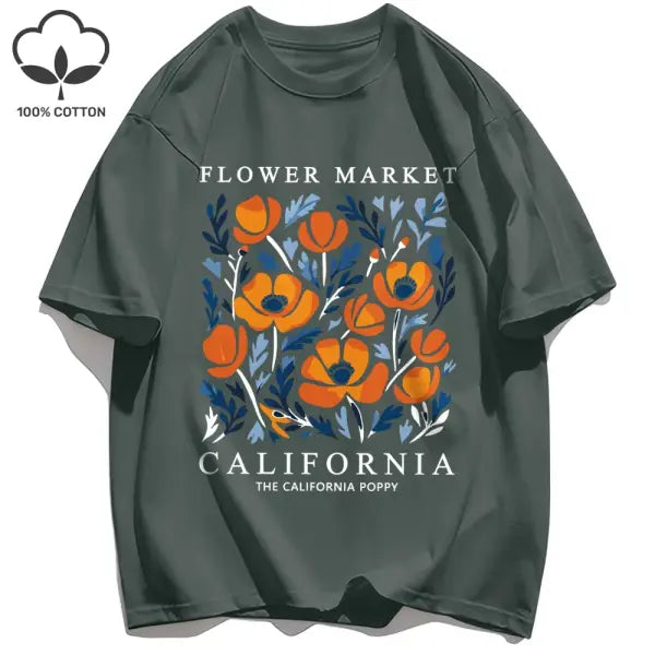 Yellow flowers market cotton t-shirt with a loose fit - Dark Gray / L / CHINA
