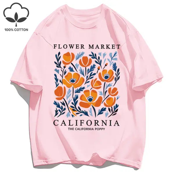 Yellow flowers market cotton t-shirt with a loose fit - Pink / S / CHINA