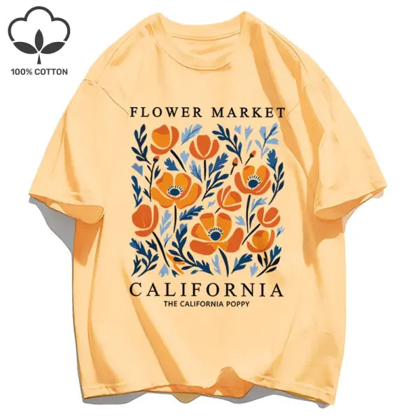 Yellow flowers market cotton t-shirt with a loose fit - Sun Orange / XXL / CHINA