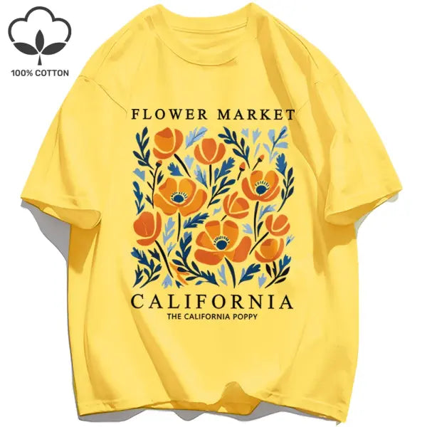 Yellow flowers market cotton t-shirt with a loose fit - Yellow / L / CHINA