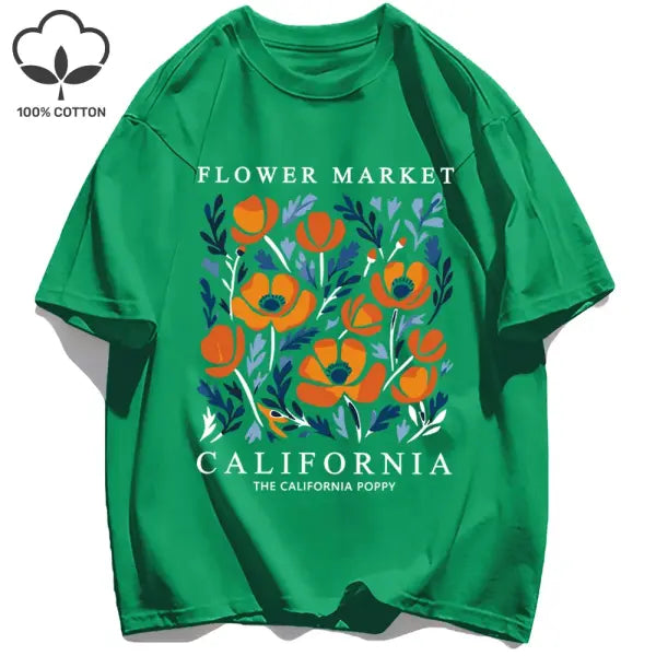 Yellow flowers market cotton t-shirt with a loose fit - Green / XXXL / CHINA