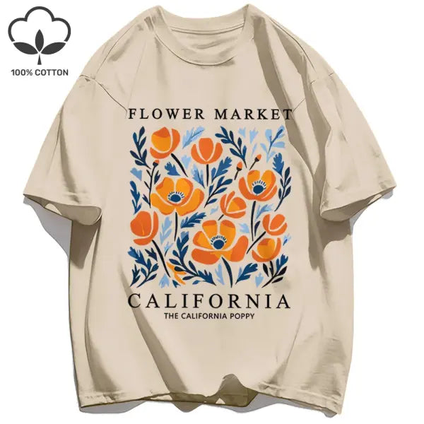 Yellow flowers market cotton t-shirt with a loose fit - Khaki / L / CHINA