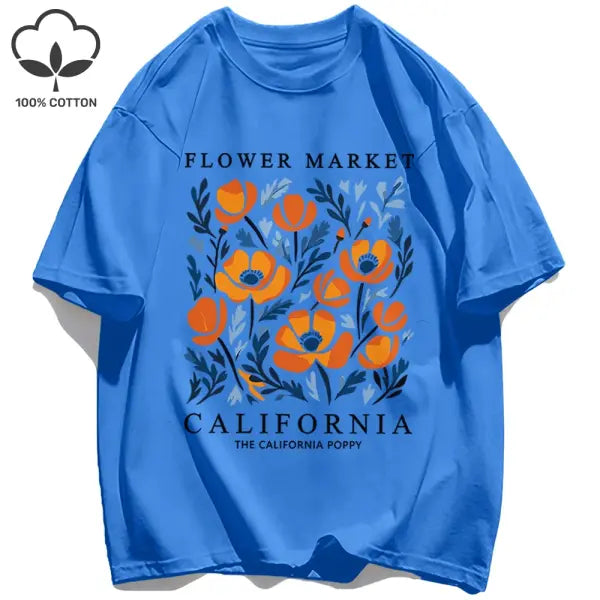 Yellow flowers market cotton t-shirt with a loose fit - Blue / XXXL / CHINA
