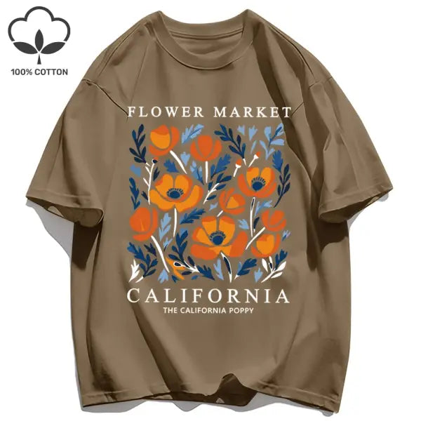 Yellow flowers market cotton t-shirt with a loose fit - Brown / XXL / CHINA