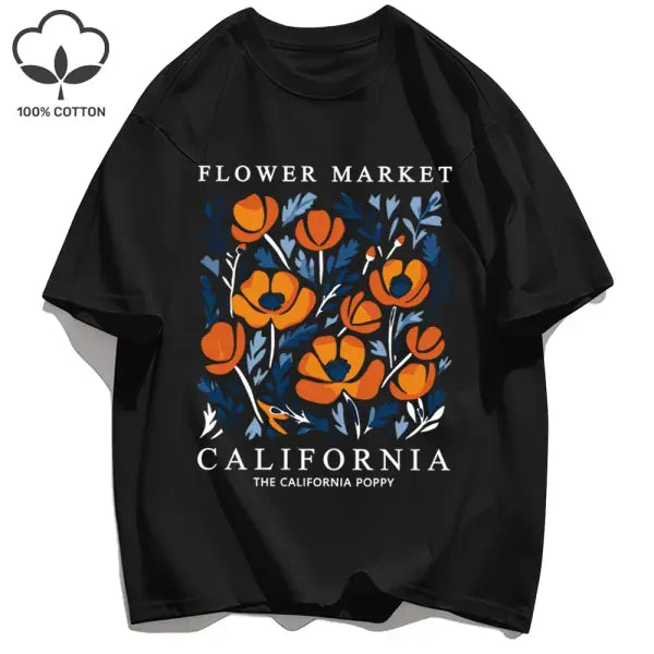 Yellow flowers market cotton t-shirt with a loose fit - Black / S / CHINA