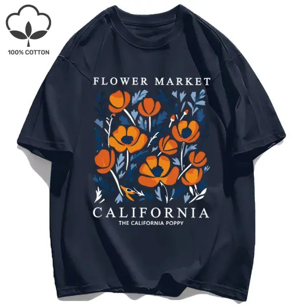 Yellow flowers market cotton t-shirt with a loose fit - Dark Blue / XL / CHINA