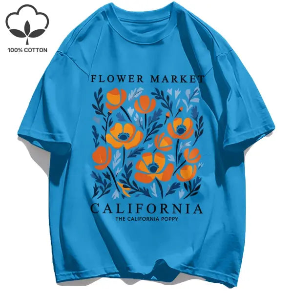 Yellow flowers market cotton t-shirt with a loose fit - Light Blue / XXL / CHINA