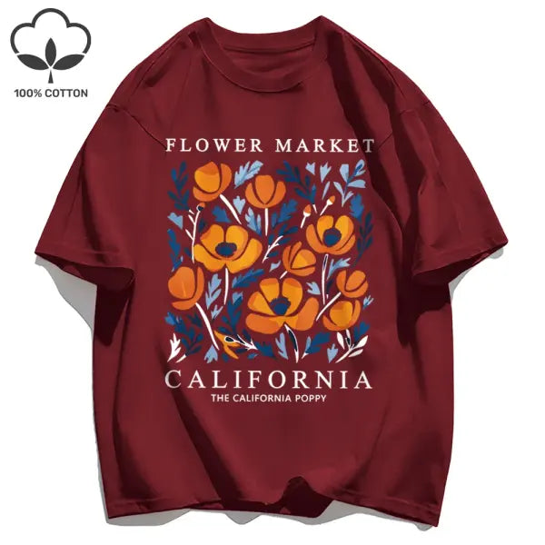 Yellow flowers market cotton t-shirt with a loose fit - Winered / L / CHINA