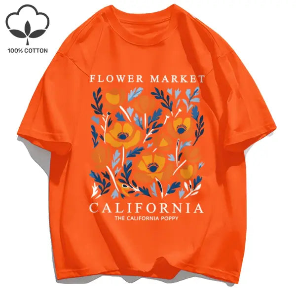 Yellow flowers market cotton t-shirt with a loose fit - Orange / XXL / CHINA