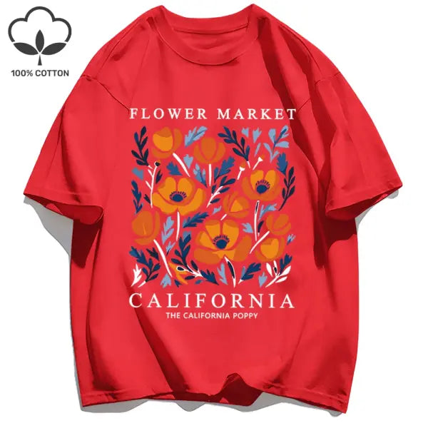 Yellow flowers market cotton t-shirt with a loose fit - Red / M / CHINA