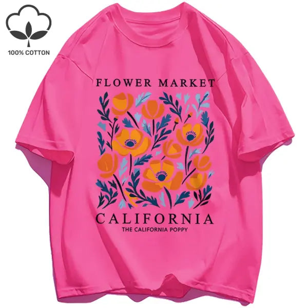 Yellow flowers market cotton t-shirt with a loose fit - RoseRed / L / CHINA